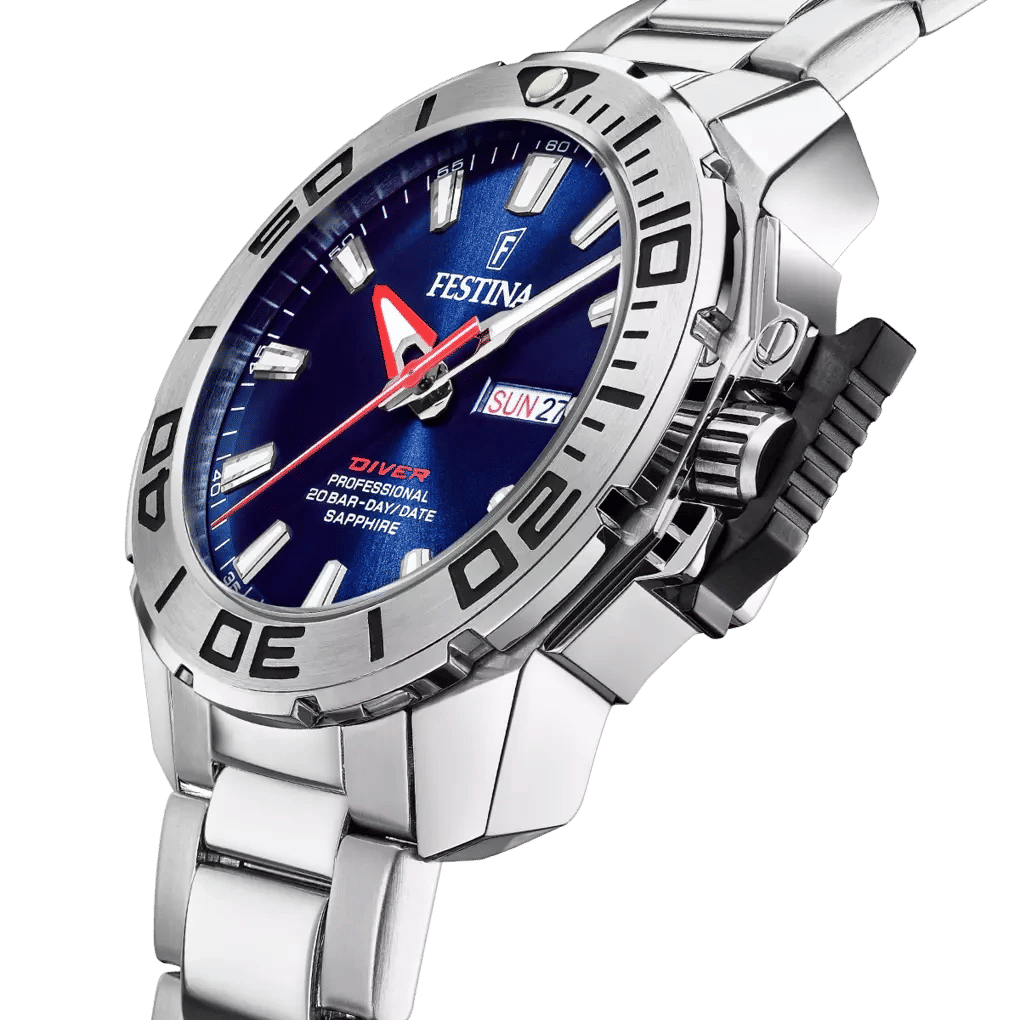 Festina Diver herrklocka med blå urtavla och rostfritt stålboett, datumvisning
