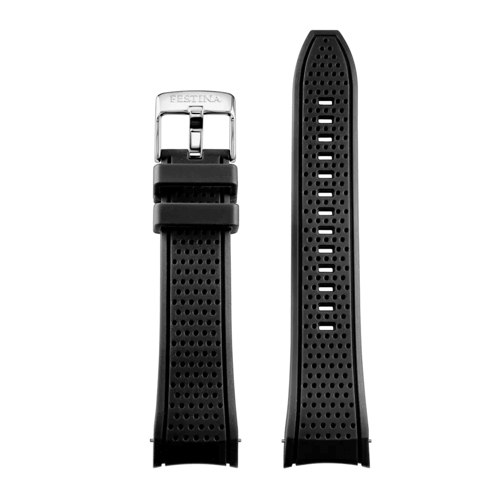 Festina klockarmband: svart silikonband med stiftspänne, hålmönster