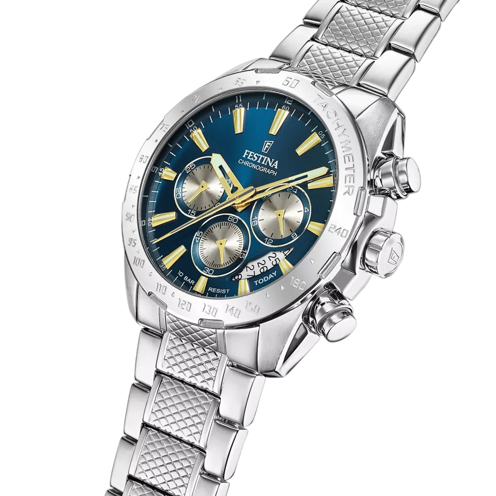 Festina herrklocka med blå urtavla, armband i rostfritt stål och flera subdials
