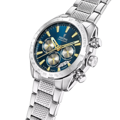 Festina herrklocka med blå urtavla, armband i rostfritt stål och flera subdials