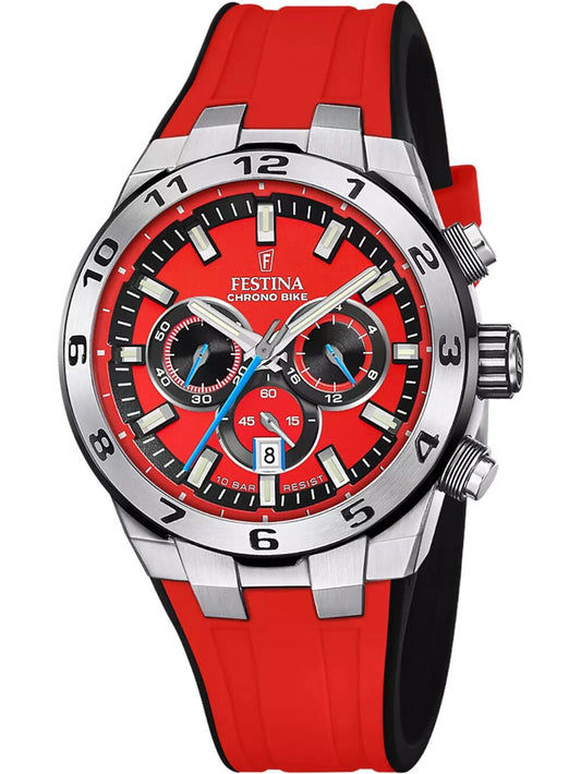 Festina Chrono-Bike Herrenuhr mit rotem Edelstahlgehäuse und schwarzem Ziffernblatt