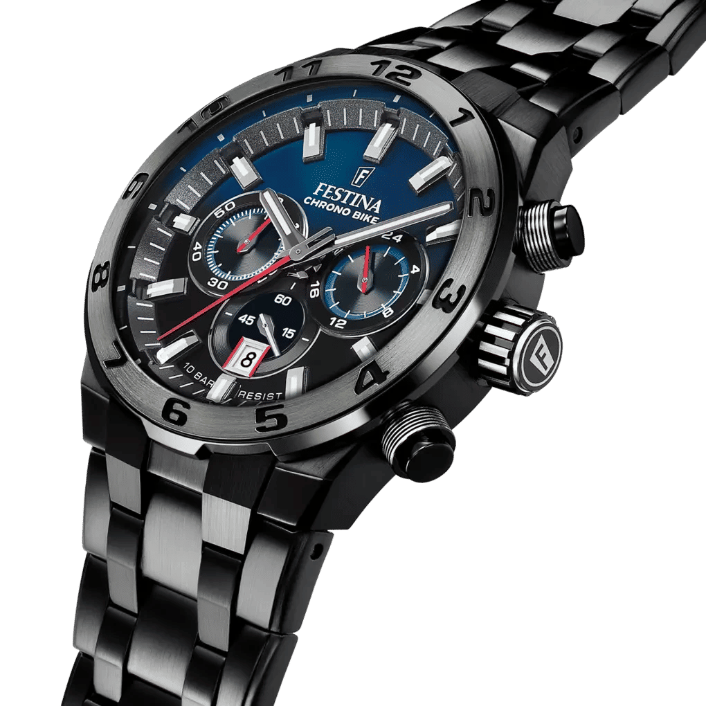 Herrklocka Chronograph närbild med blå urtavla och svart metallarmband