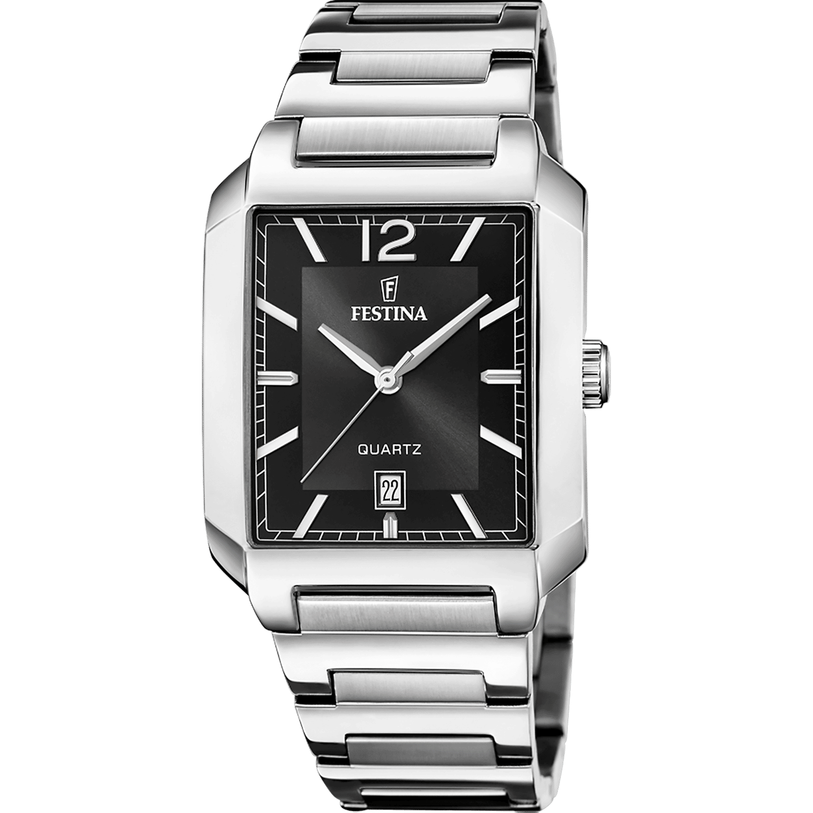 Festina Herrenarmbanduhr mit schwarzem Zifferblatt, quadratischem Gehäuse und Edelstahlband