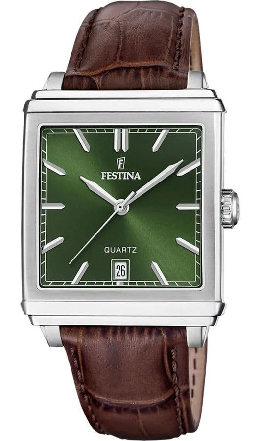 Festina herrarmbandsur: rektangulärt silverfärgat hölje, grön urtavla, brunt läderband
