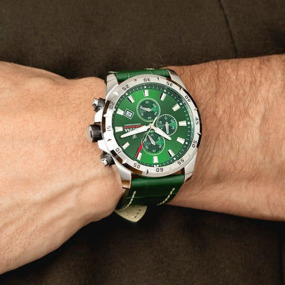 Herrklocka med kronograf, grön urtavla och läderarmband