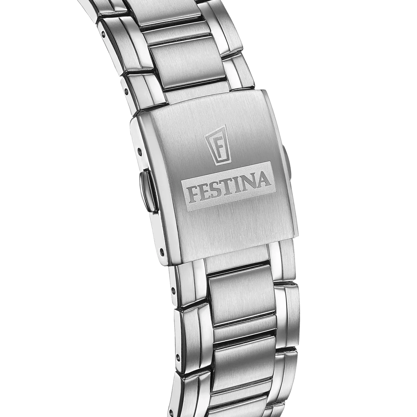 Festina armband i rostfritt stål med spänne och gravyr på armbandet, sidovy.