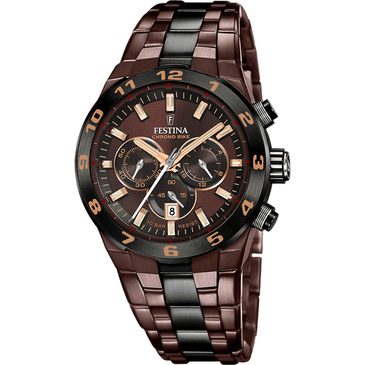 Festina Herrenuhr-Chronograph: dunkles Zifferblatt, Chrono-Subdials, zweifarbiges Metallarmband