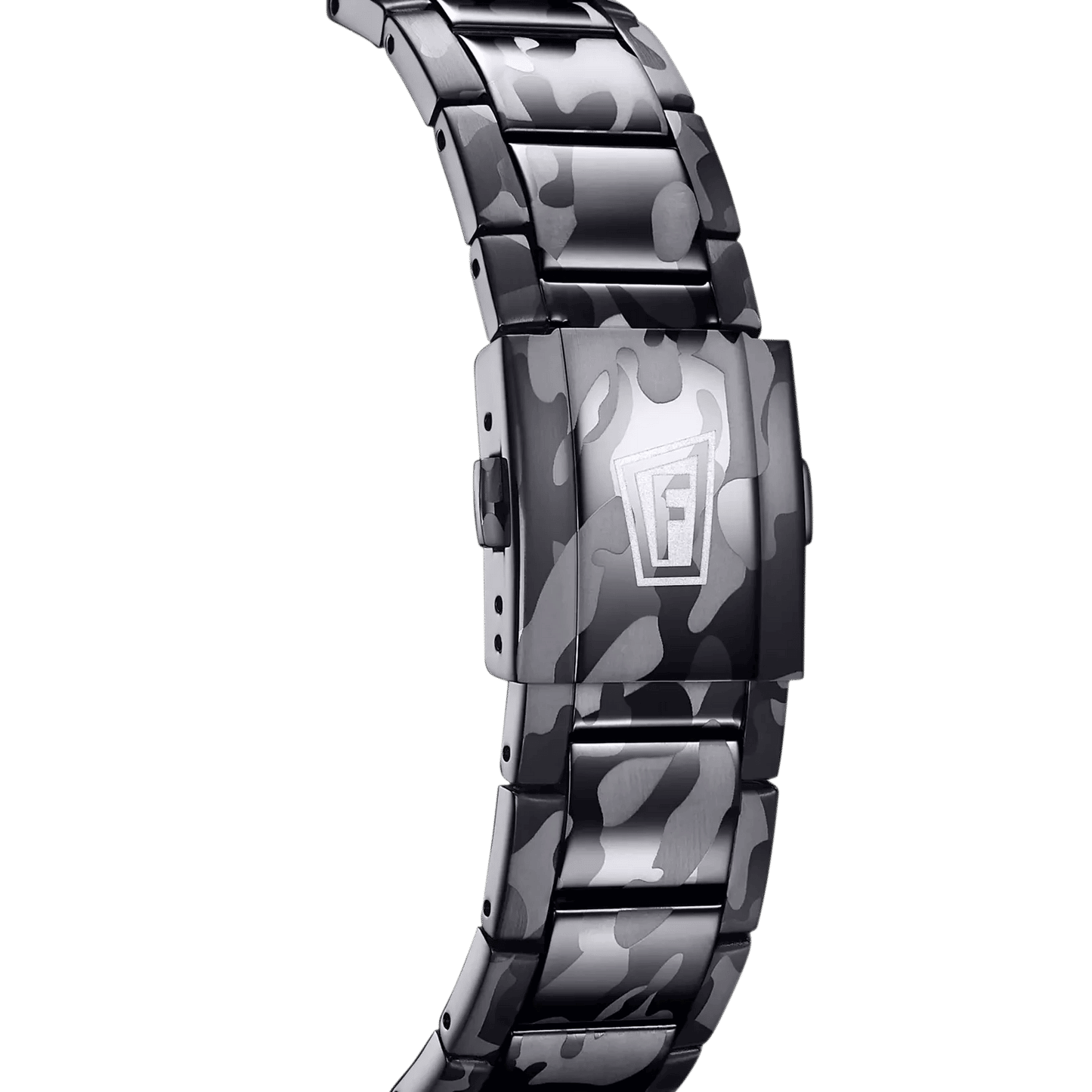 Herrarnas kronografklocka med svart kamouflagemönstrat armband, sidovy av boetten