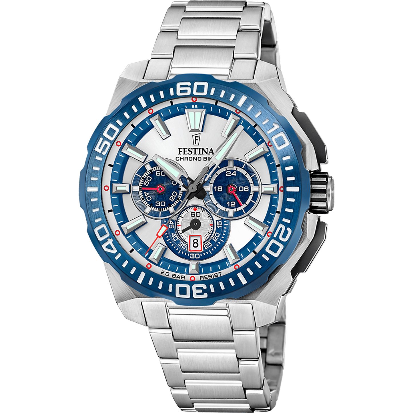Herren-Armbanduhr mit silbernem Edelstahlband und blauem Chronograph-Zifferblatt