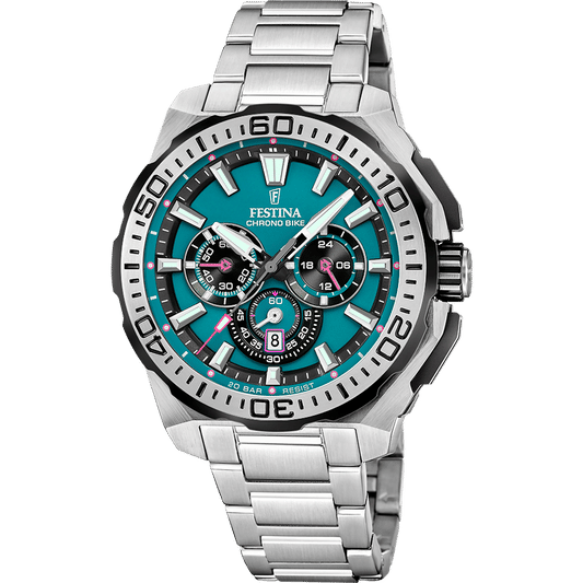 Herren-Armbanduhr mit blau-grünem Zifferblatt, Chronograph und Edelstahlarmband