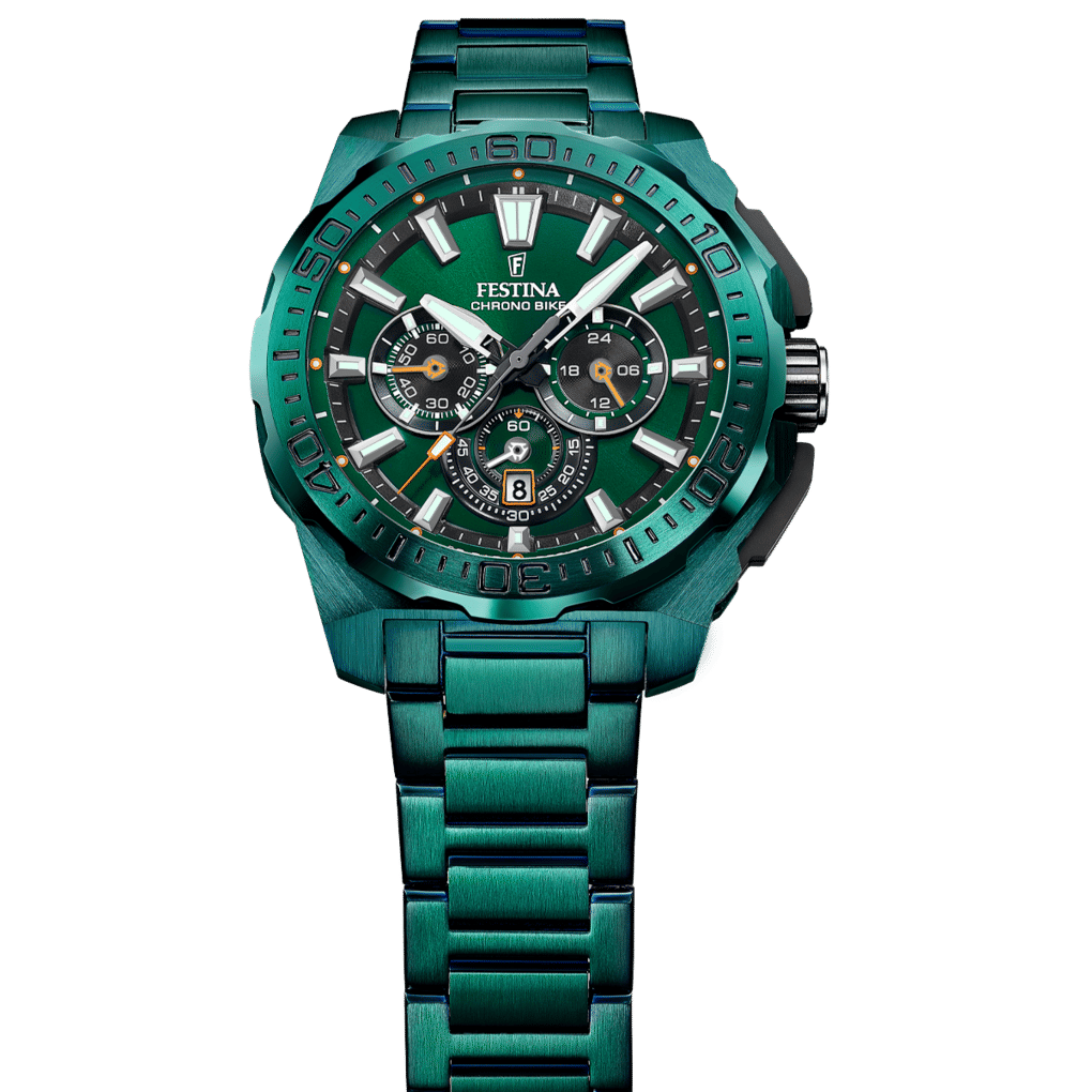 Festina Chrono Bike herrur, runt grönt boett med urtavla och metallarmband