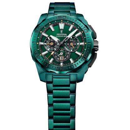 Festina Chrono Bike herrur, runt grönt boett med urtavla och metallarmband