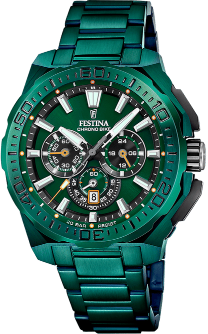 Festina Chrono Bike herrklocka med grön urtavla, kronografvisning och armband i metall