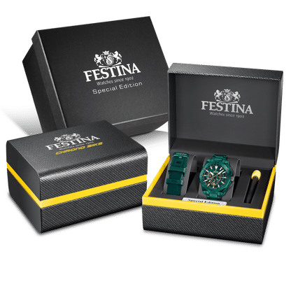 Festina Chrono Bike herrur i förpackning: öppen ask med klocka på kudde