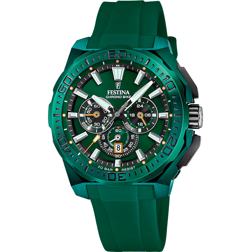 Festina Chrono Bike herrklocka, grön urtavla med kronograf och metallarmband