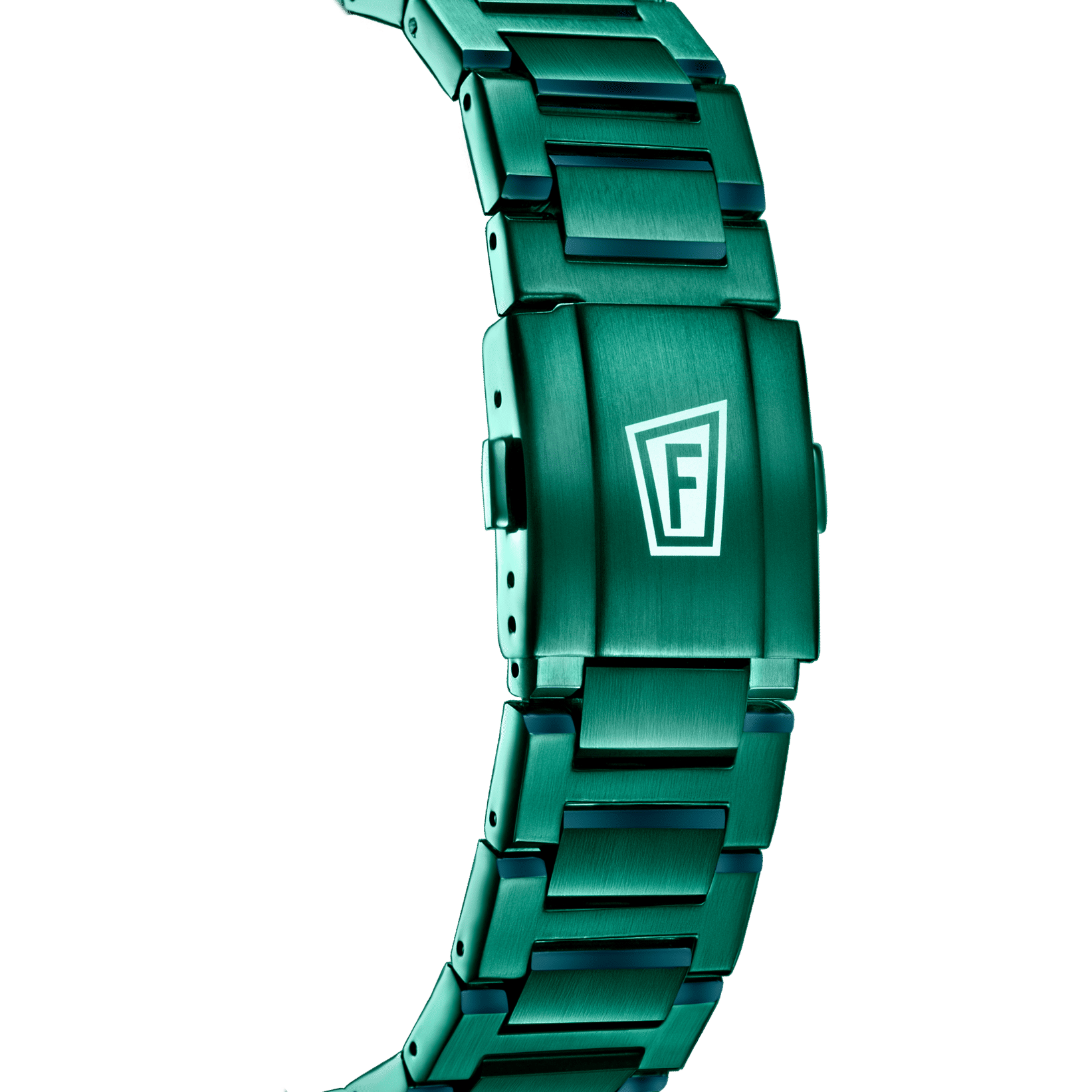 Festina Chrono Bike herrklocka: Närbild på armband i grönt metall med präglad logotyp