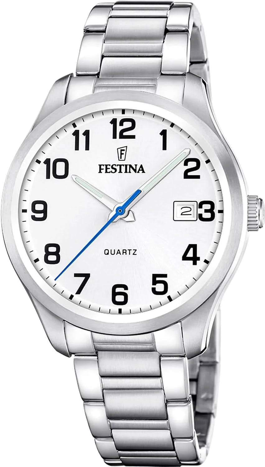 Festina herrarmbandsur med metallänk, silverfärgad urtavla och datumvisning
