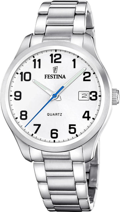 Festina herrarmbandsur med metallänk, silverfärgad urtavla och datumvisning