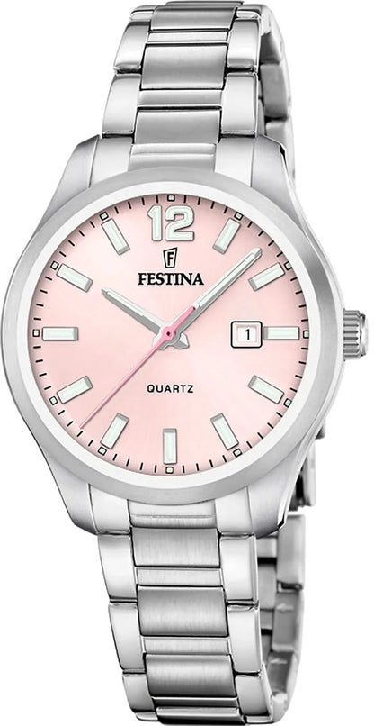 Damklocka med armband i rostfritt stål, rosa urtavla, rund tidsvisning