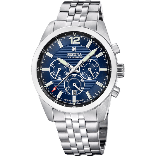 Festina Herren-Chronographuhr, blaues Zifferblatt, Edelstahlarmband