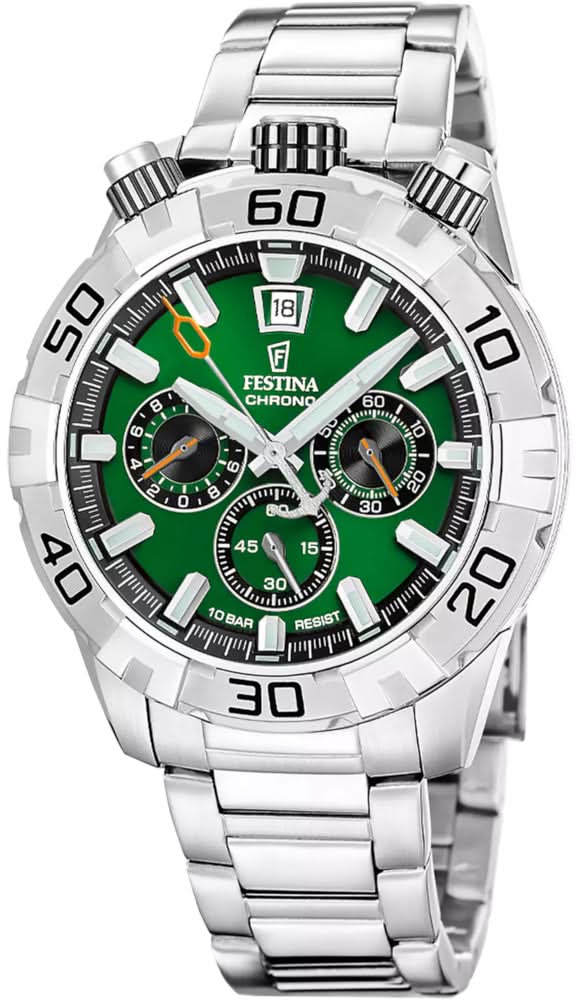 Festina herrur med grön urtavla, kronografvisare och stållänk