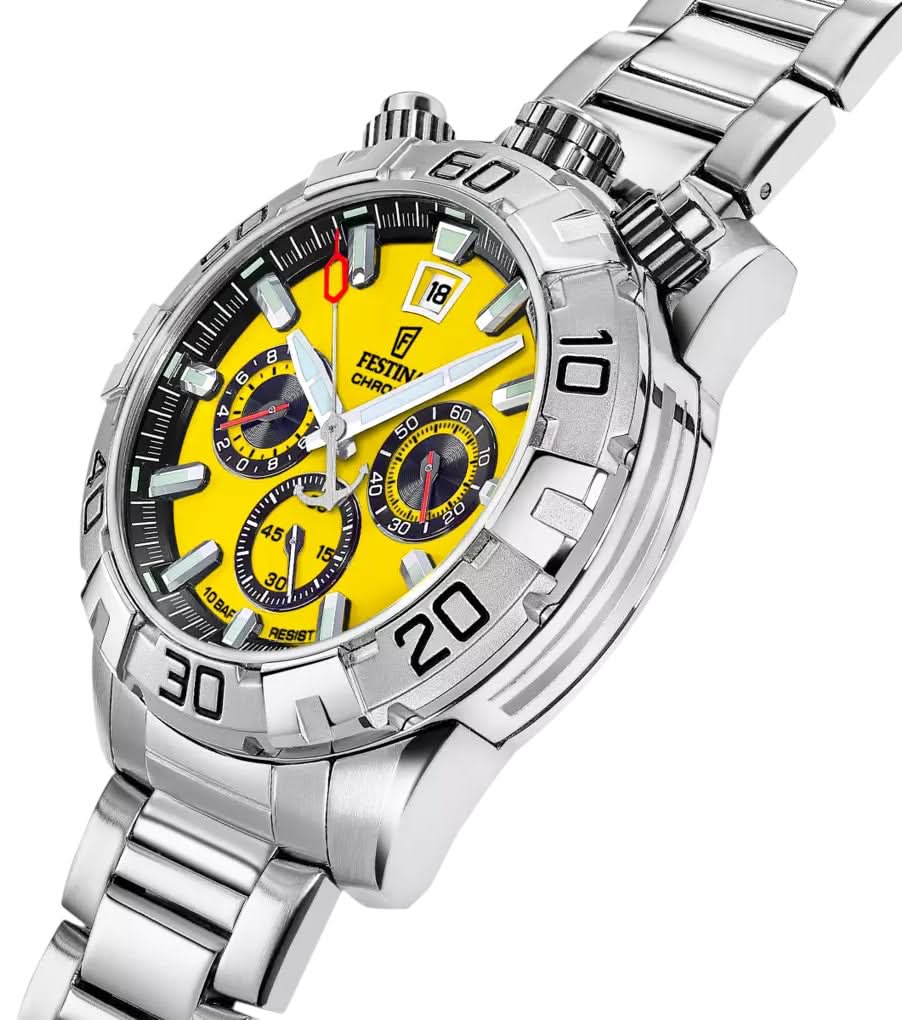 Festina herrur med rostfritt stålboett: gul urtavla, svart bezel, kronografdesign