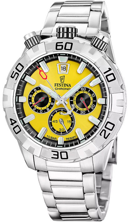 Festina herrur med armband i rostfritt stål och gul urtavla, kronograf-suburtavlor