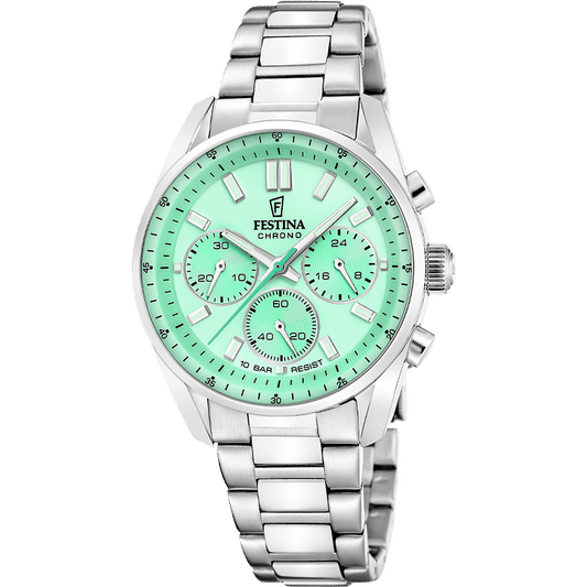 Festina Damenuhr mit Chronograph: rundes Edelstahlgehäuse, Armband, grünliches Zifferblatt