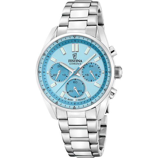 Festina Chronograph-Armbanduhr: azurblaues Zifferblatt, Edelstahlarmband