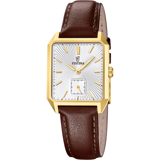 Herrenarmbanduhr mit eckigem goldfarbenem Gehäuse, weißem Zifferblatt und braunem Lederband