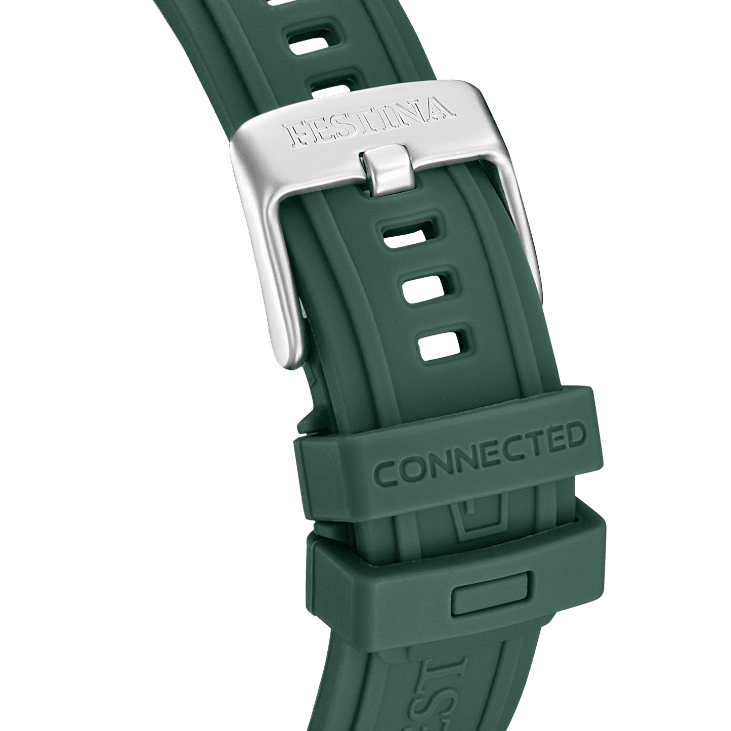 Klockarmband med spänne: grönt silikonband med CONNECTED-prägling