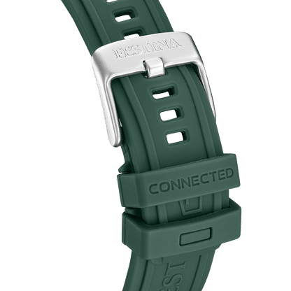 Klockarmband med spänne: grönt silikonband med CONNECTED-prägling