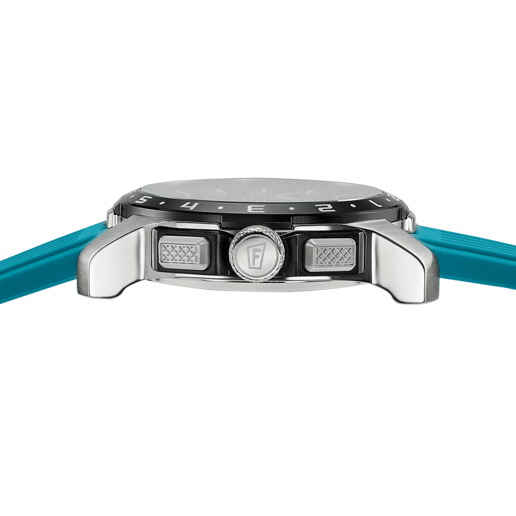 Festina hybrid titan-klocka uppifrån med silverfärgad boett och blått silikonarmband