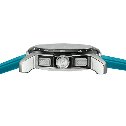 Festina hybrid titan-klocka uppifrån med silverfärgad boett och blått silikonarmband
