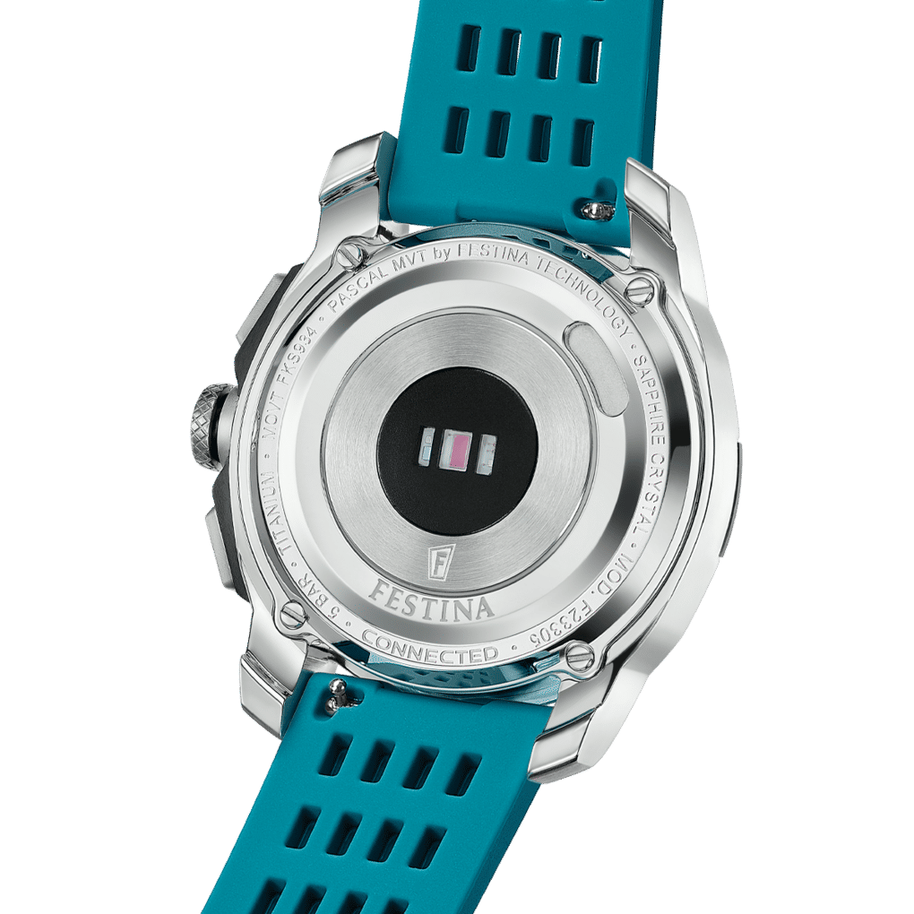 Festina hybridklocka i titan, bakvy med blått silikonband och metallboett