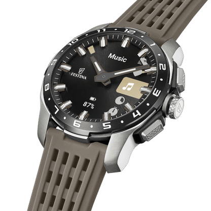 Festina Connected herrklocka från sidan: svart urtavla och grått räfflat gummiarmband
