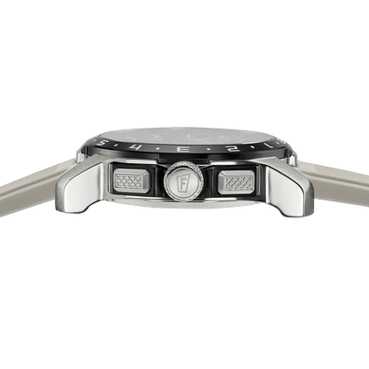 "Baksidan på en Connected-klocka för herrar med silverfärgat hölje och grått armband"