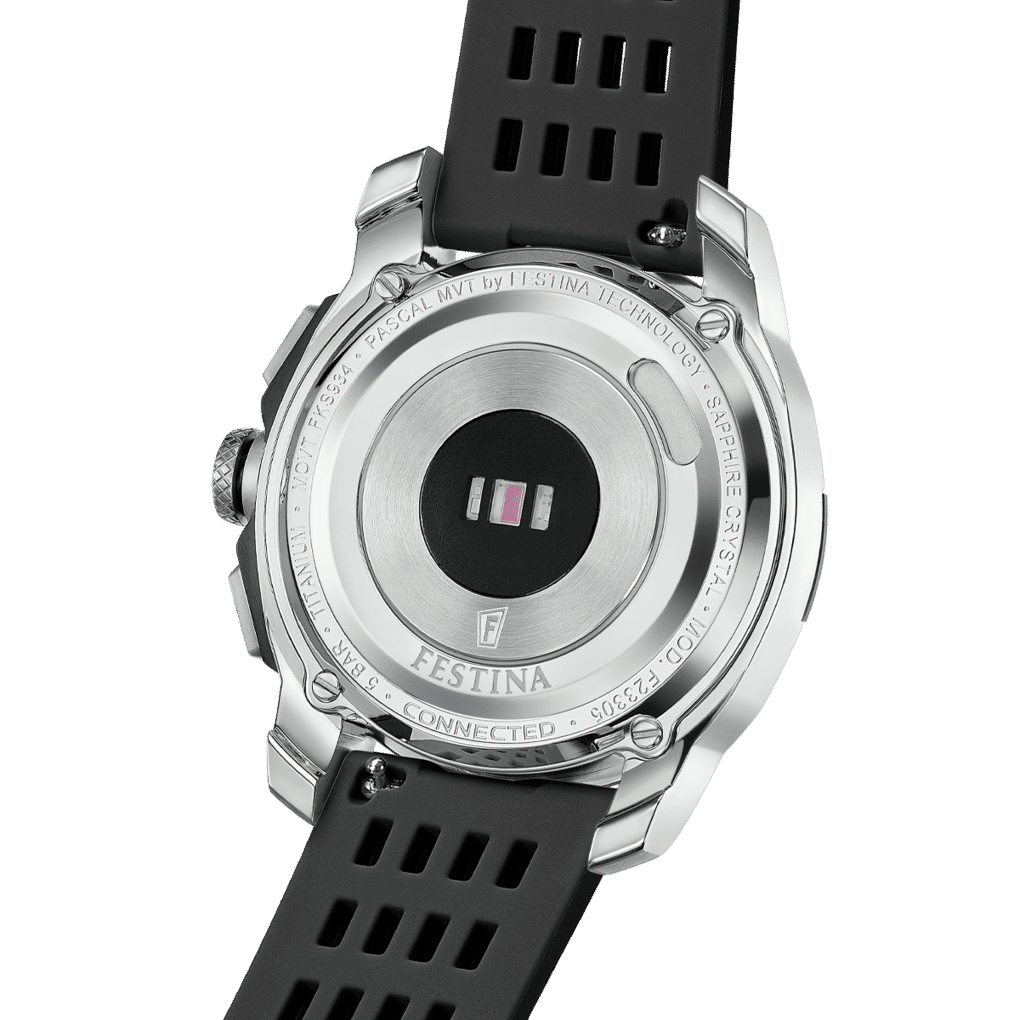 Herrklockans baksida med rund metallring, texten "FESTINA CONNECTED".