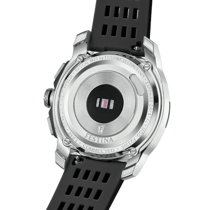 Herrklockans baksida med rund metallring, texten "FESTINA CONNECTED".