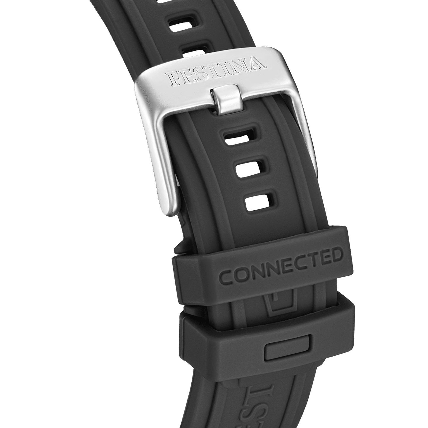 Klockarmband med silverfärgat spänne, prägling "CONNECTED" och perforerat band.