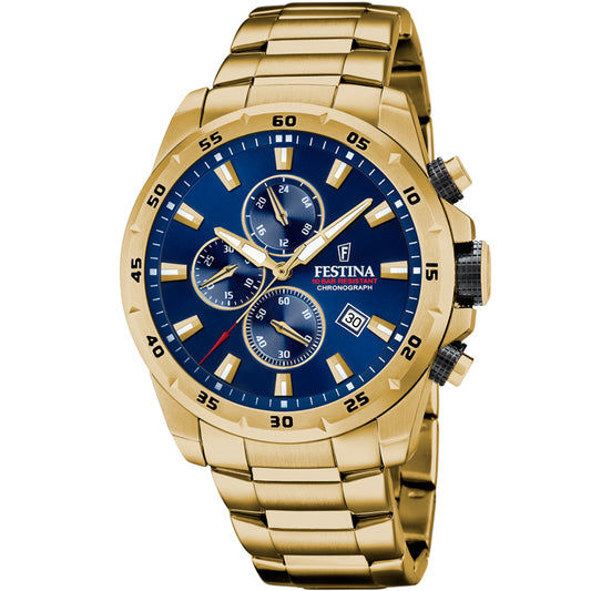 Męski zegarek Festina Chronograph z niebieską tarczą i złotą bransoletą ze stali szlachetnej
