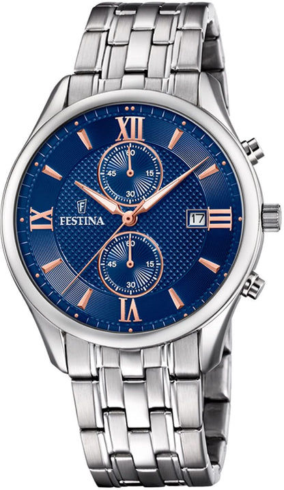 Festina kronografklocka med blå urtavla, armband i rostfritt stål och datumvisning