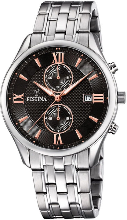 Festina Chronograph herrklocka: svart urtavla, armband i rostfritt stål