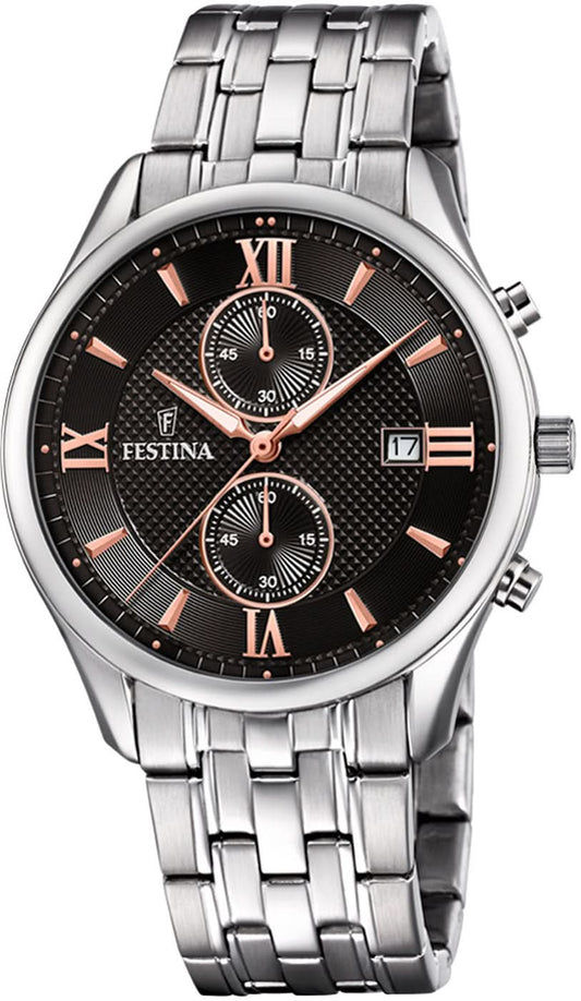 Festina Chronograph herrklocka: svart urtavla, armband i rostfritt stål