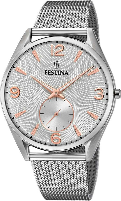 Festina herrarmbandsur med silverfärgat mesharmband och orange visare