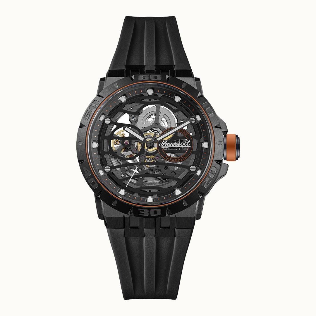 Herrenarmbanduhr Ingersoll The Rigger, schwarze Silikonarmbanduhr mit Skelettzifferblatt