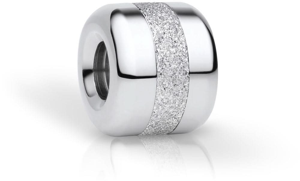 Charm i rostfritt stål med silverfärgat glitterhölje och cylindriskt hål