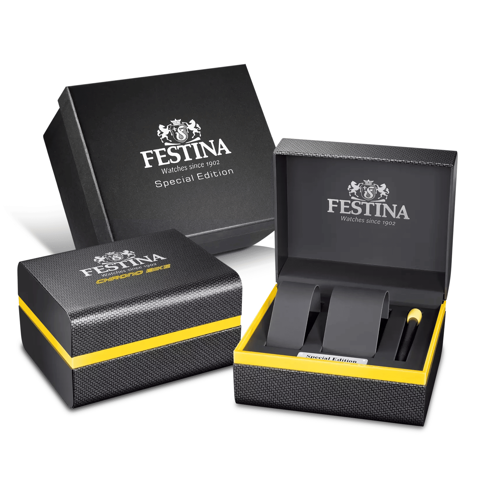 "Uhrenbox-Set: svarta lådor med Festina Special Edition-text och gul kant"