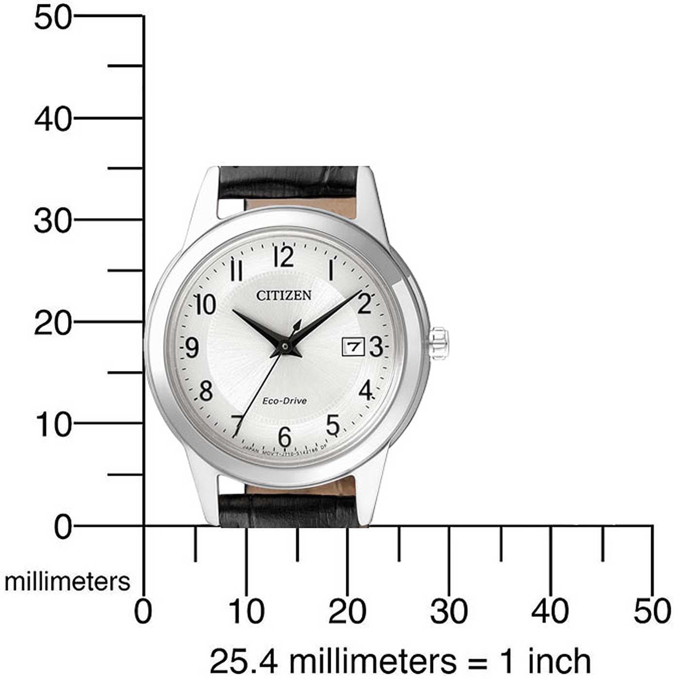 Damklocka med svart läderarmband och silverfärgad urtavla, storleksinformation