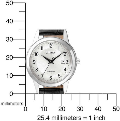 Damklocka med svart läderarmband och silverfärgad urtavla, storleksinformation